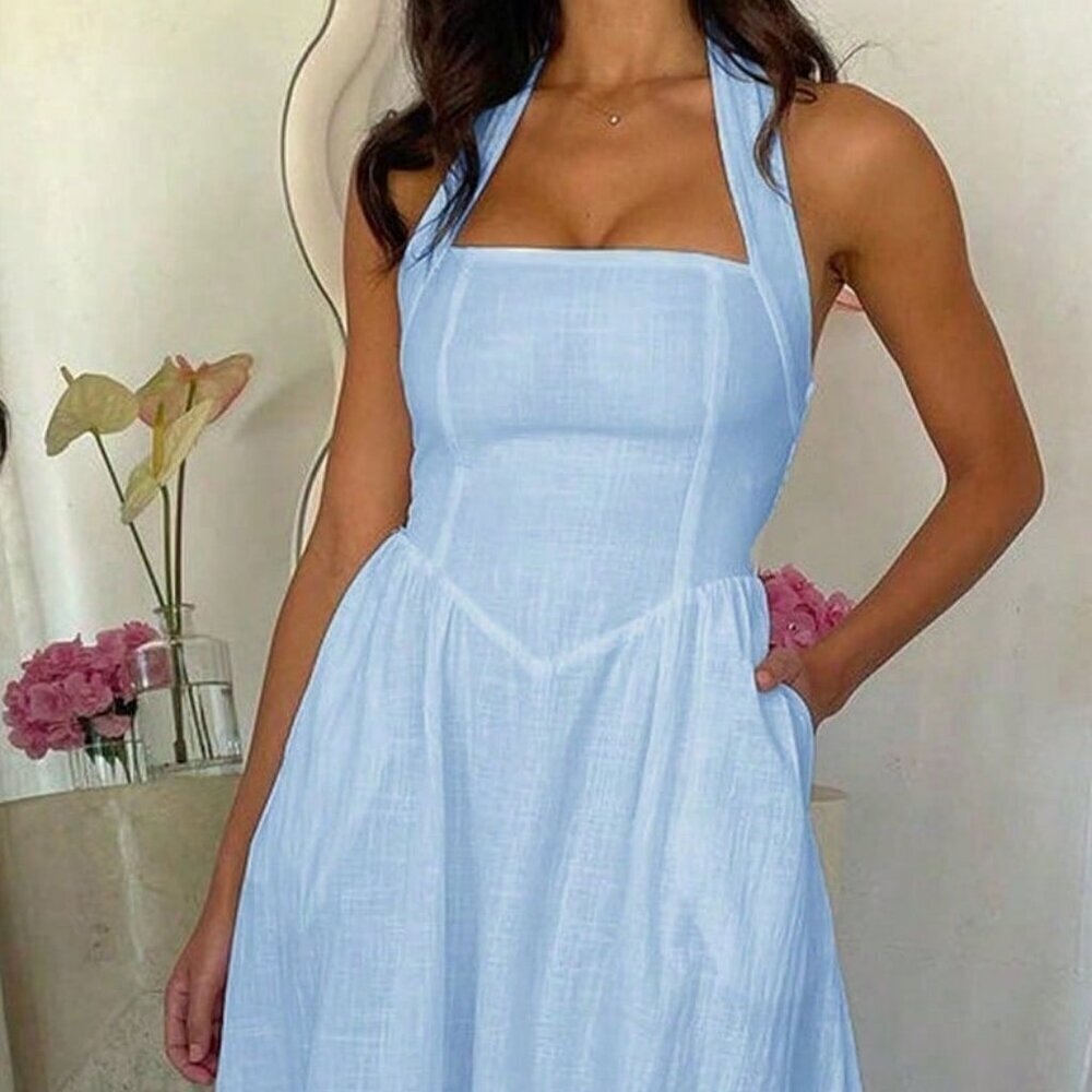 Blue Elegant Women's Hanging halter Neck Long Dress - Picture 9 of 11